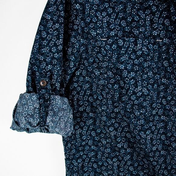 Floral Button-Up Chambray Trim – Men’s Medium Long Sleeve Casual | Vintage Red - Picture 7 of 12